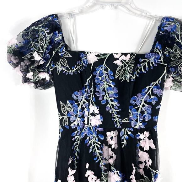 Marchesa Embroidered Tulle Midi Dress Black Blue 3D Floral Off Shoulder Sz 0 - Picture 5 of 12